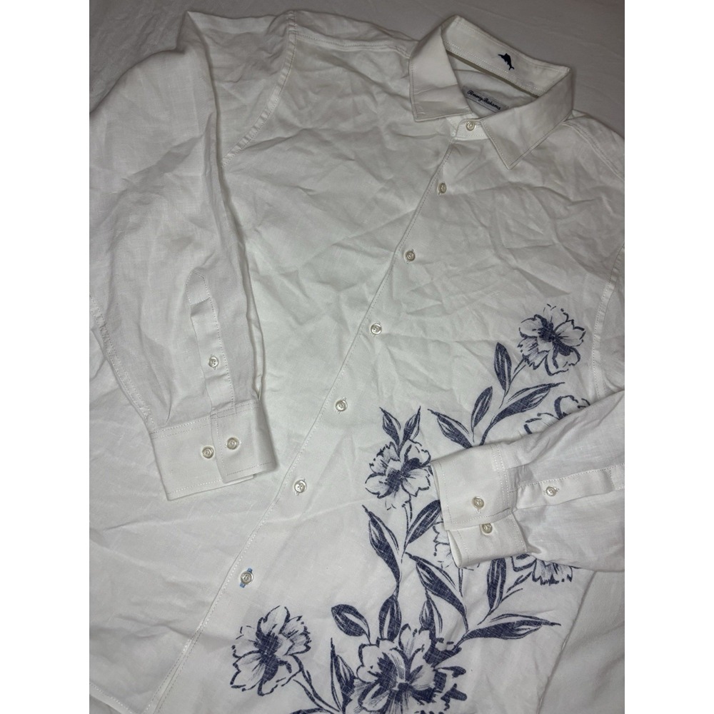 Tommy Bahama Men's‎ Large Long Sleeve Button Down White Shirt Linen Blend Floral